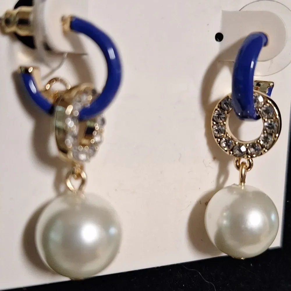 On 34th Gold-Tone Pave Blue Ring & Imitation Pearl Charm C-Hoop Earrings